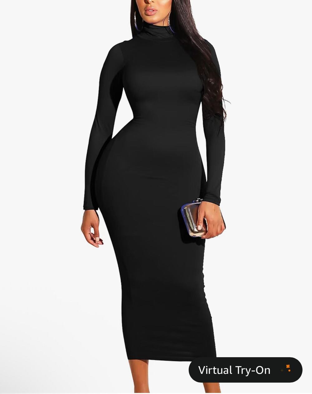 GOBLES Women's High Neck Long Sleeve Bodycon Midi Dress
